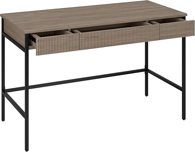Henn&ampHart 48 Fluted Mid-Century Modern Rectangular Wooden Home Office Desk Computer Desk Writing Table with 3 Ribbed Storage Drawers for Bedroom Living Room or Home Office Weathered Gray