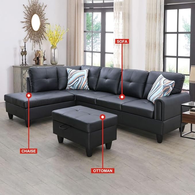 Black White L-Shaped 3-Piece Faux Leather Sofa with Storage Ottoman Set Sectional Couch Sofa Set for Living Room Office Small Space