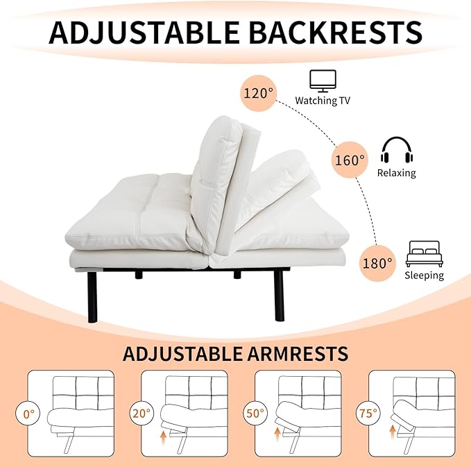 MUUEGM Futon Sofa Bed 71 Ivory Convertible Memory Foam Futon Couch Bed Modern Loveseat Sleeper with Adjustable Backrests Armrests for Living RoomSmall SpaceOffice