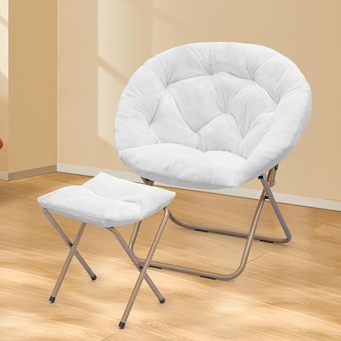 Athena Collection Round Saucer Chair with Ottoman Set of 2 for Adults Oversize Comfy Cozy Faux Fur Folding Reading Chair with Metal Leg Lazy Relaxing for Living Room Bedroom Dorm Apartment White