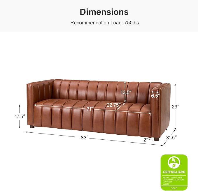 HULALA HOME 83 Genuine Leather Sofa with Channel Tufted Design 3-Seater Sofa for Living Room Bedroom Modern Oversized Couch with Wood Legs Brown