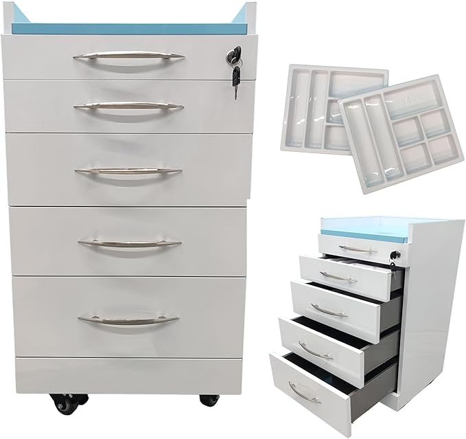 4 Drawers Mobile Office File Storage Cabinet Stainless Steel Dental Medical Assistant Cabinet Utility Cart Stainless Steel Countertop with Lock Storage Tray and Wheels for Office Hospital