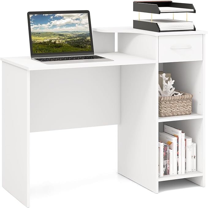 COSTWAY Computer Desk with Printer Shelf Modern PC Workstation with Storage Drawer and CPU Stand 40.5” Writing Desk with Cable Hole for Home Office/Dorms/Apartments White