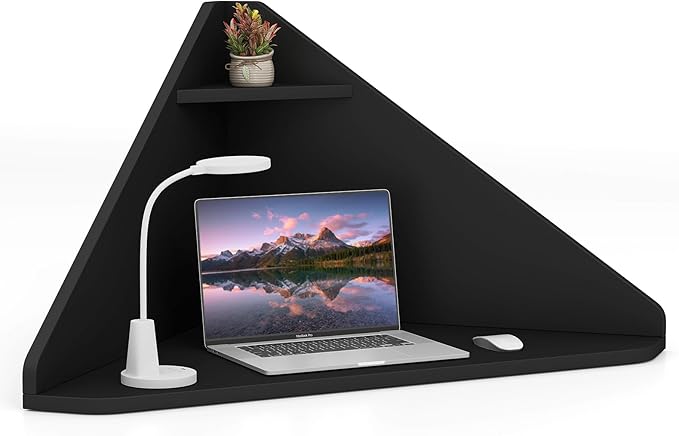 GOFLAME Floating Corner Desk Wall Mounted Triangular Computer Desk w/Storage Shelf Space-Saving Design 90° Wooden Floating Home Office Desk for Writing Working Studying (Black)