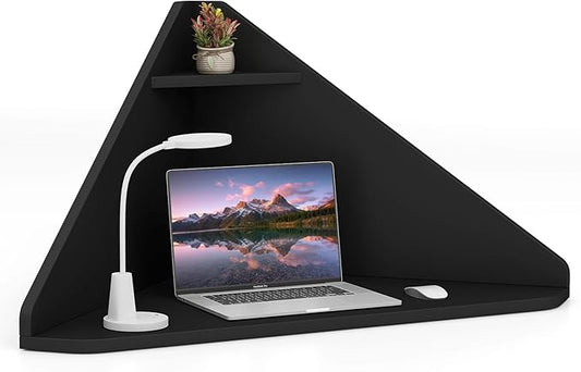 GOFLAME Floating Corner Desk Wall Mounted Triangular Computer Desk w/Storage Shelf Space-Saving Design 90° Wooden Floating Home Office Desk for Writing Working Studying (Black)