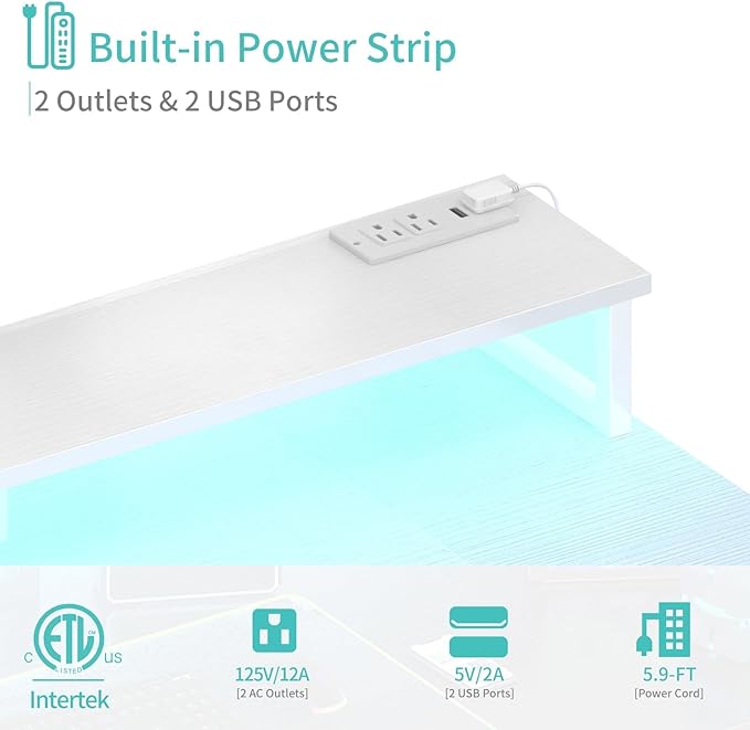 Lufeiya White Desk with Storage Shelves - 47 inch Home Office Gaming Desk with Monitor Stand Computer Desk with LED Lights and Power Outlets White