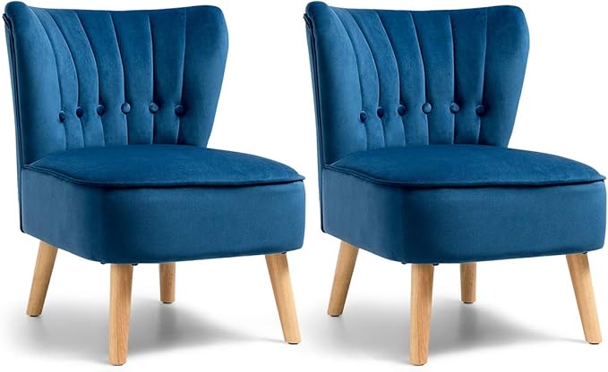 Giantex Set of 2 Modern Velvet Accent Chair Small Upholstered Leisure Sofa Chair w/Wood Legs Thickly Padded and Button Tufted Armless Wingback Club Chairs for Living Room Bedroom Furniture Blue
