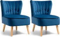 Giantex Set of 2 Modern Velvet Accent Chair Small Upholstered Leisure Sofa Chair w/Wood Legs Thickly Padded and Button Tufted Armless Wingback Club Chairs for Living Room Bedroom Furniture Blue