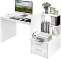 Tangkula White Desk with 2 Storage Drawers &amp Bookshelf Home Office Desk with Corner Bookshelf &amp Printer Stand Small Writing Study Desk for Small Space Modern Vanity Table for Bedroom (White
