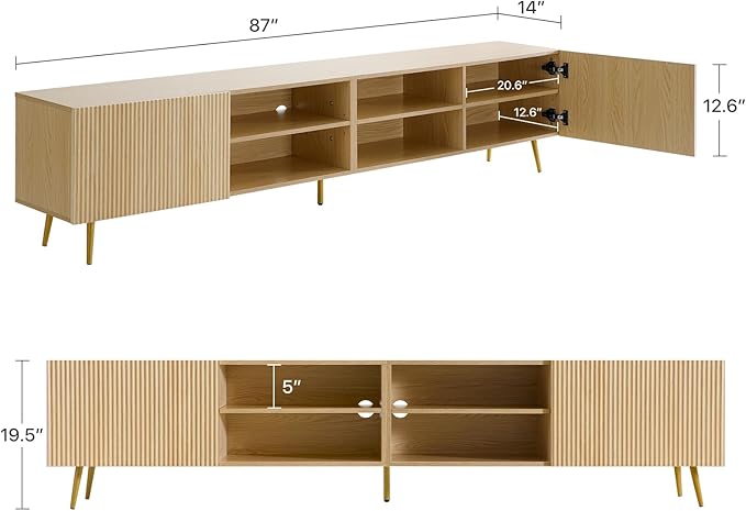 Modern 86in TV Stand for Living Room Fluted Design Entertainment Center with Adjustable ShelvesMedia TV Console Table with Storage for BedroomNature
