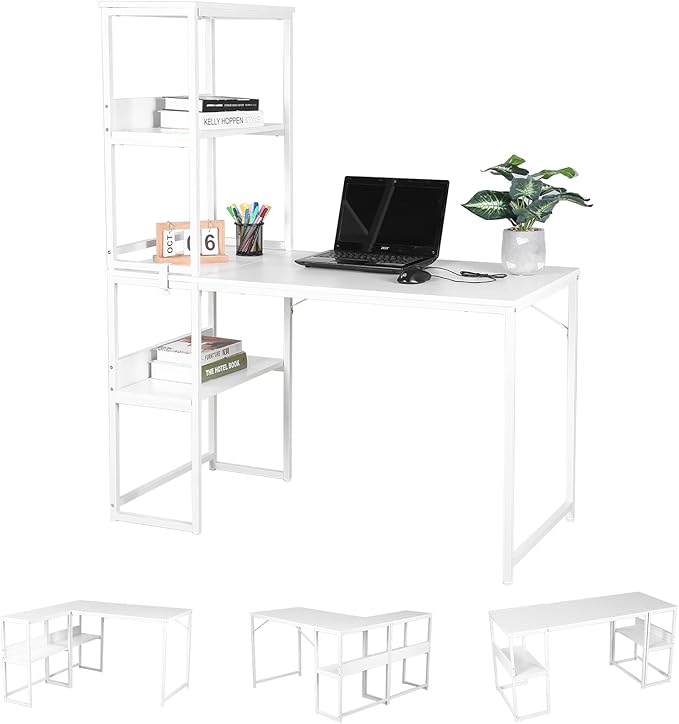UNICOO – Muti-Function 3 Combination Computer Desk. L Shaped Computer Desk with Shelves Study Desk with Reversible Storage Shelves for Home Office (XJH-2402 - White)