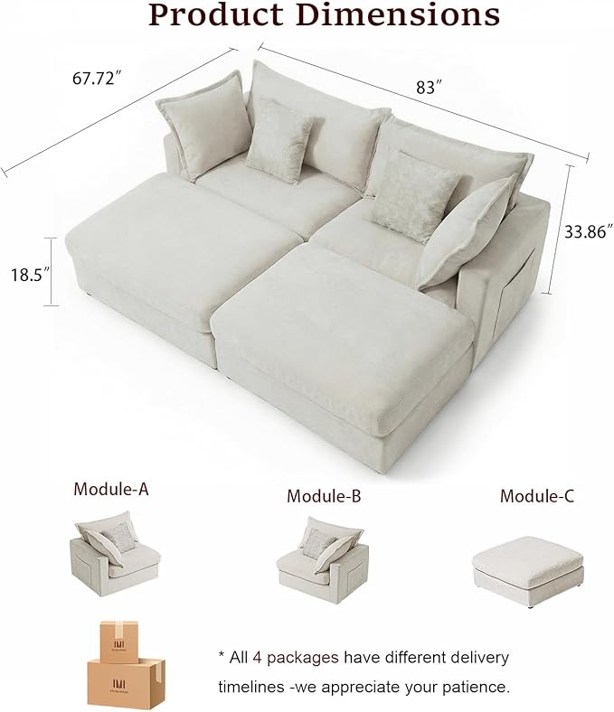 83 Down Filled Sectional Couch Loveseat Modular Sectional Sofa with 2 Storage Ottoman 2-Seat Chenille Deep Seat Sofa with Pillows for Living Room Bedroom Flexible Combination Beige