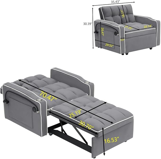 3 in 1 Convertible Sleeper Chair Modern Pull Out Couch Bed Single Recliner with Adjustable Back Velvet Futon Folding Sofa Bed Chair for Living Room Bedroom Small Spaces (Gray-2)