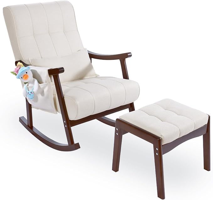 NOBLEMOOD Upholstered Rocking Chair with Ottoman Modern Indoor Nursery Glider Rocker Chair Solid Wood High Back Armchair with Fabric Padded Seat for Living Room Bedroom