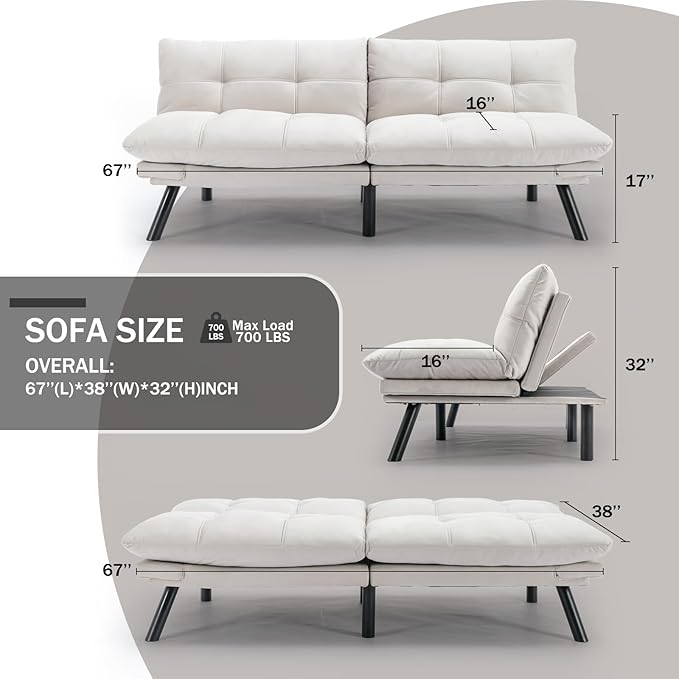 Convertible Futon Double Sofa Bed2 in 1 with Adjustable Backrest Memory Foam Loveseat for Living Room Bedroom Office Apartment Compact Sofa(Beige)