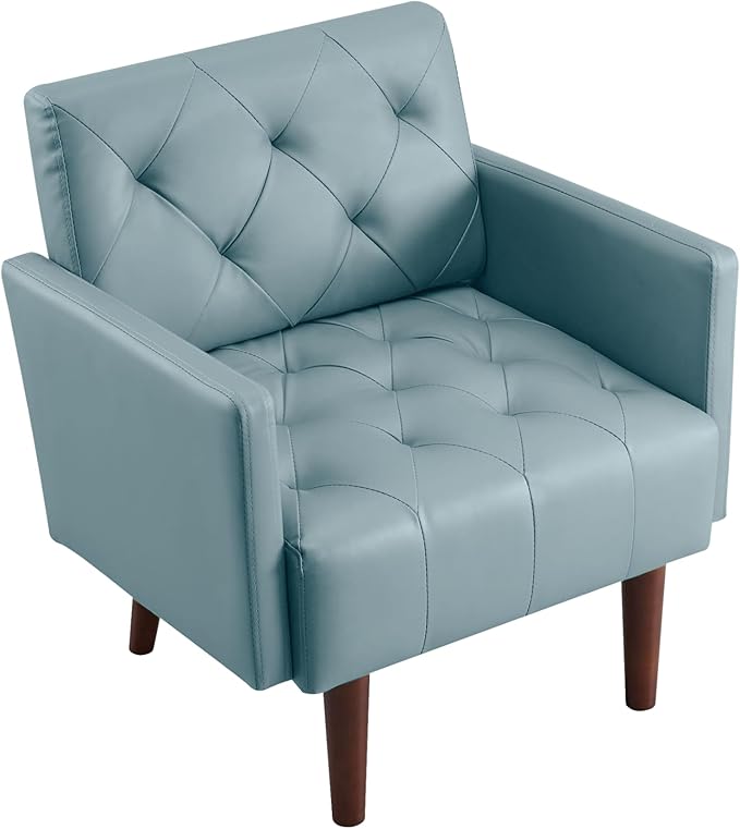 Accent Chairs Leather Accent Chair Modern Upholstered Living Room Chair Cozy Armchair Button Tufted Back and Wood Legs for Bedroom Office Cafe (Sky Blue)