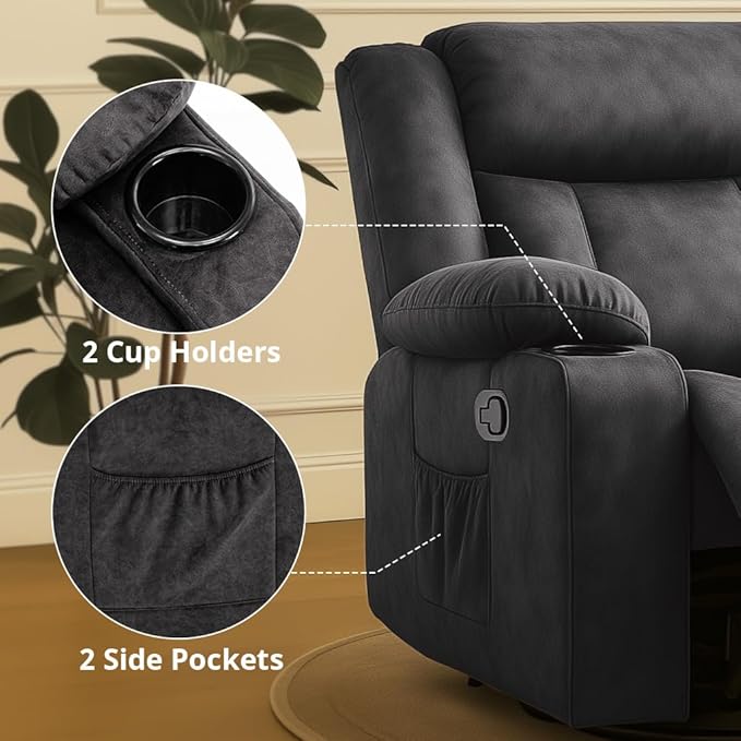 COMHOMA Recliner Chair360°Swivel Rocker Recliners with Cup Holders&ampSide PocketsManual Reclining Single SofaFabric Upholstered Lounge Chairs for Living RoomGray