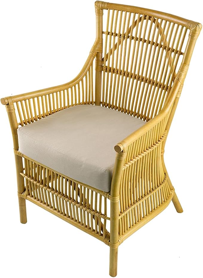 A and B Home 37.8 H Yellow and White Rattan Indoor Arm Chair w/Soft Thick Cushion Traditional Style Chair Side Chair