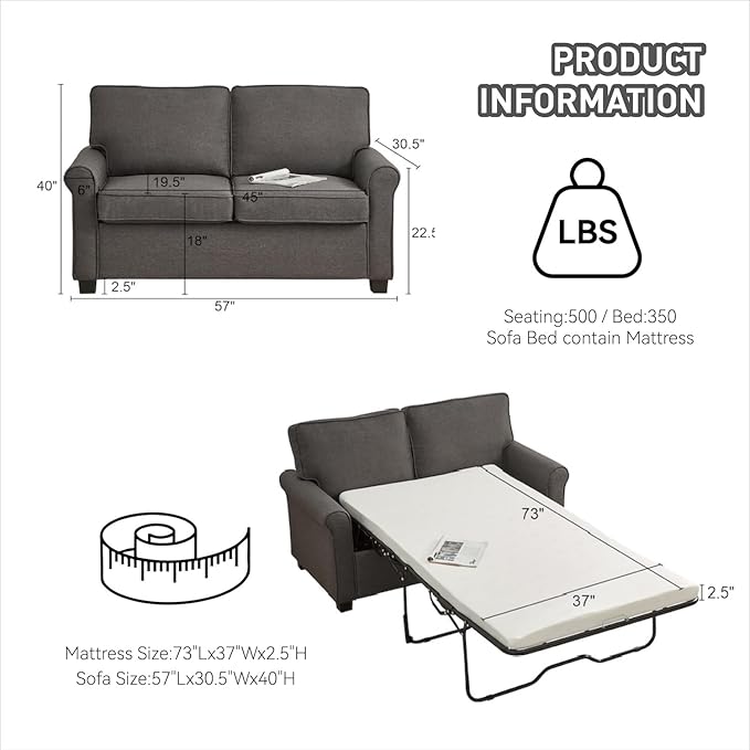 Pull Out Sofa Bed 73+3 with Memory Foam Mattress Bed Frame Linen Two Seat Loveseat 57 2-in-1 Convertible Sleeper CouchNo Assembly Space-Saving for Living Room Office Apartment Grey