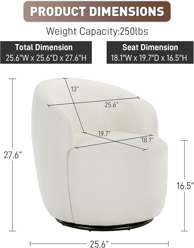 Swivel Barrel Chair Modern Comfy Boucle Swivel Accent Chair Comfy Chenille Round Armchair Small Upholstered Reading Lounge Chair for Living Room Bedroom Office Club Ivory Chenille