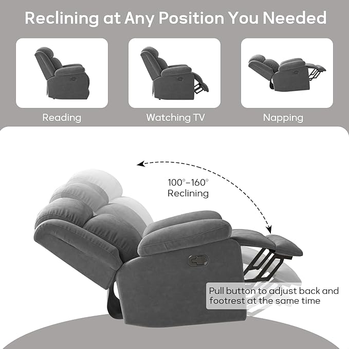 2Pcs Manual Rocker Recliner Chair Comfy Short Plush Glider Rocking Recliner with Overstuffed Lumbar Support Upholstered Reclining Sofa Chair for Living Room Grey