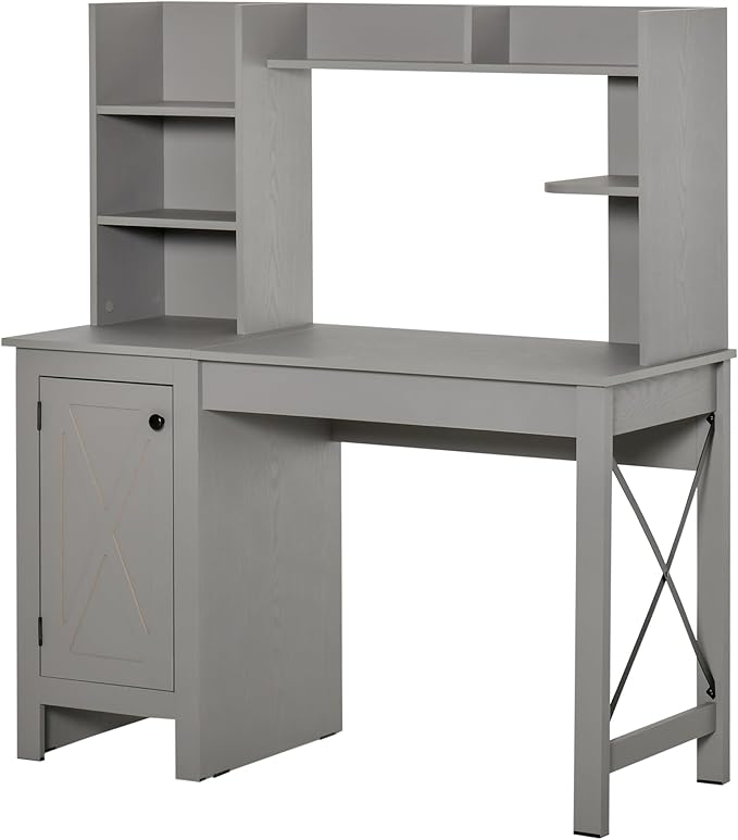 Penau Farmhouse Computer Desk with Hutch and Cabinet Light Grey Study Desk with Ample Storage Space Space-Saving Design for Home Office