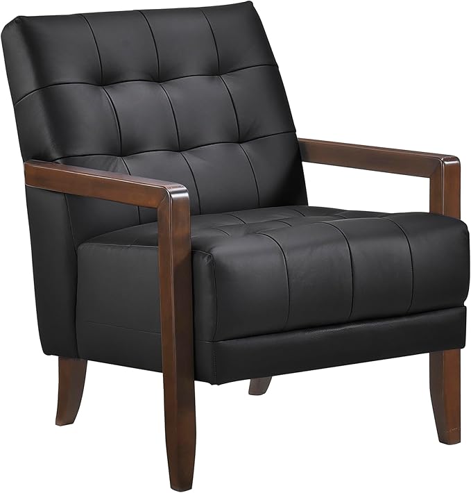 Lexicon Modern Accent Chair Luxury Genuine Leather Match Living Room Chair with Tufted Cushions Solid Wood Frame and Arm Rest Comfy Upholstered Single Seat for Bedroom/Reading/Office Black