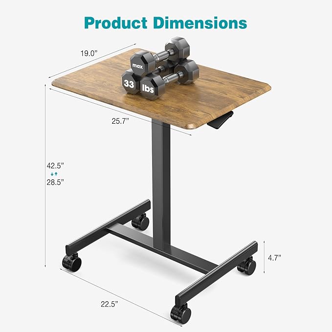 DUMOS Small Standing Desk Mobile Portable Rolling Laptop PC Table on Wheels Adjustable Height Computer Workstation for Home Office 19 Inch Brown