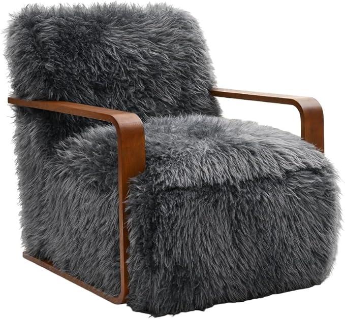 Comfortable Faux Fur Reading ChairModern Luxury Accent Chair Side Chairs with Curved Wooden Armrests for ApartmentLiving RoomOfficeStudyCharcoal Grey