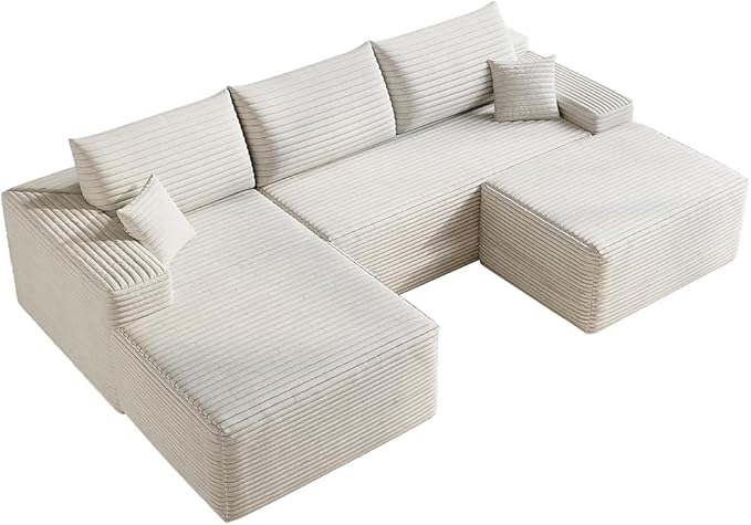 108 W Corduroy Sectional Boneless Cloud Couch with Chaise &amp Ottoman No Assembly Required U Shaped Modular Sectional Sofa Cozy Fluffy Sofa for Living Room (White Left Facing Chaise+Ottoman) |