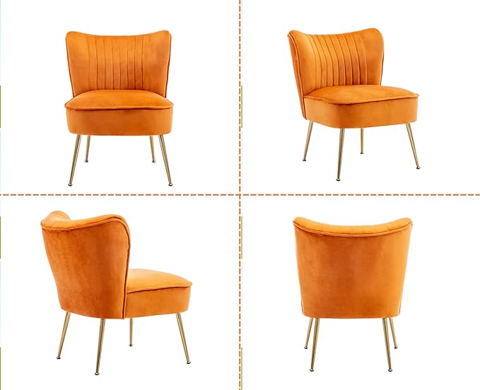 Orange Velvet Accent Chairs Set of 2 with Golden Legs Upholstered Side Chairs Mid-Century Modern Slipper Chairs for Guest Room Comfy Armless Wingback Corner Single Sofa Living Room Chairs