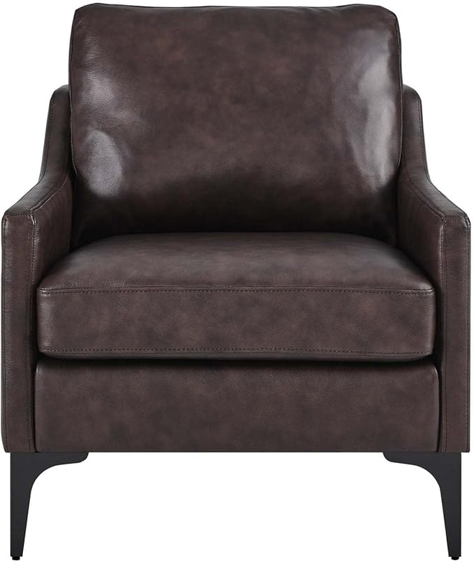 Pemberly Row Modern Leather and Metal Armchair 33.5 in H x 28 in W x 32 in D Brown Finish Upholstered Accent Chair with Spring Coil Support Mid-Century Style for Living Room or Home Office Use