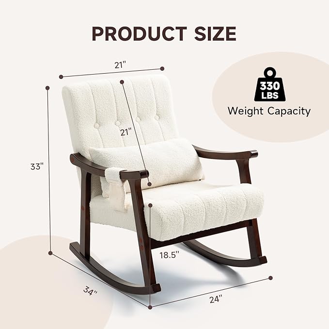AVAWING Teddy Upholstered Rocking Chair Set of 2 Small Glider Rocker with 2-Point Massage Lumbar Pillow and Solid Wood Legs for Nursery and Living Room White