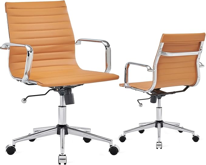 Ergonomic Office Chair with Lumbar Support Adjustable Swivel Mid Back Desk Chair PU Leather Computer Task Chair for Home Office 360° Rolling Terracotta