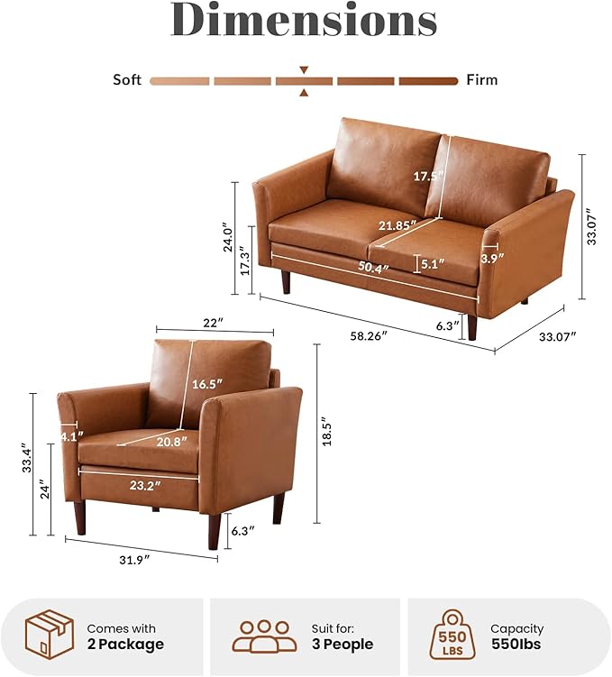Kingfun Faux Leather 3 Seat Couch for Living Room Mid Century Modern Sofa with Rolled Arms and Deep Seats Fluffy Comfort for Apartment Easy to Assemble Mid Brown