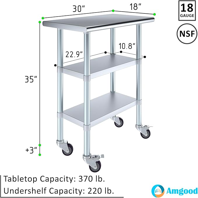 AmGood Stainless Steel Work Table with 2 Shelves and Casters | Metal Utility Table On Wheels (Stainless Steel Work Table with 2 Shelves + Casters 30 Long x 18 Deep)