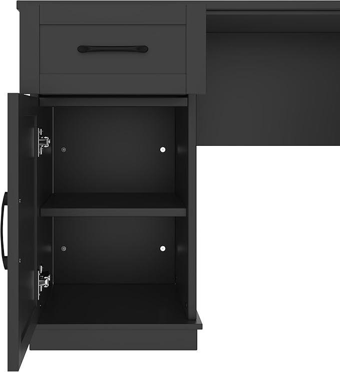 L-Shaped Home Executive Desk with 2 Cabinets and 2 Drawers Computer Desk with Power Outlet 11 Open Shelves and 1 Right Flip Shelf with Storage for Study Living Room and Office (Black-02)