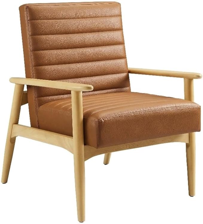 Modway Jensen Vegan Leather Accent Chair in Natural Tan - Mid-Century Modern Armchair with Solid Wood Legs &amp Armrest - Upholstered Faux Leather Single Side Chair - Reading Chair for Living Room
