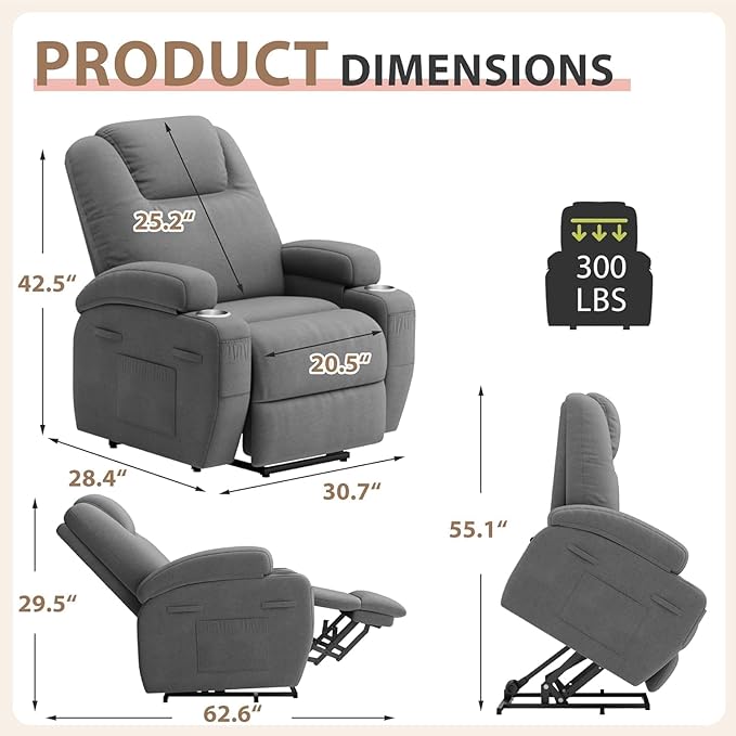 Flamaker Power Lift Chair Massage Recliner Chairs for Elderly - Ergonomic Design with Cup Holders &amp Side Pockets Remote Control (Gray)