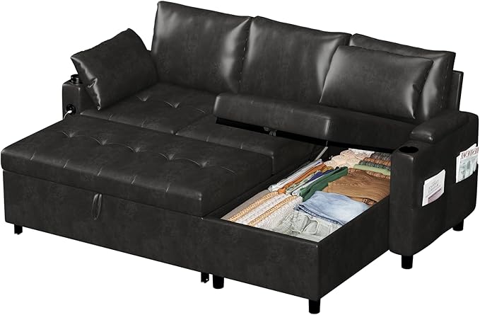 Esright Sleeper Sofa Bed 3-in-1 Pull Out Couch with Reversible Chaise Leather Sleeper Sofa with Storage USB Cup Holder Pullout Sectional Couches for Apartment Living Room Black | Hidden Storage