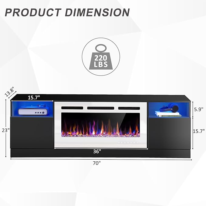 AHB Fireplace TV Stand LED Light Entertainment Center with 36 Electric Fireplace and Storage Cabinet Media Console Table for TVs Up to 80 Inches Ideal for Living Room 70 Inches (Black &amp White)