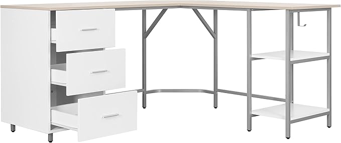 Techni Mobili L Shaped Desk - Two-Toned Computer Desk with Drawers &amp Storage Shelves - Simple Modern Furniture &amp Home Office Space Corner Table for Work &amp Writing