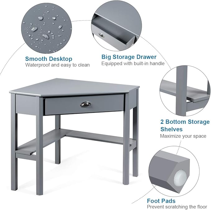 Tangkula Corner Desk Corner Computer Desk with Drawer for Small Space Small Corner Makeup Vanity Desk 90 Degrees Triangle Corner Desk with Storage Shelves (Grey)