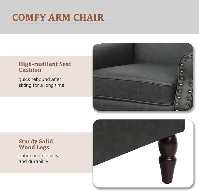 Accent Chair Mid Century Modern Faux Leather Arm Chair with Wood Leg for Living Room Bedroom Comfy PU Leather Club Reading Chairs with Wingback &amp Nailhead Trim (Leather Black Set of 1)