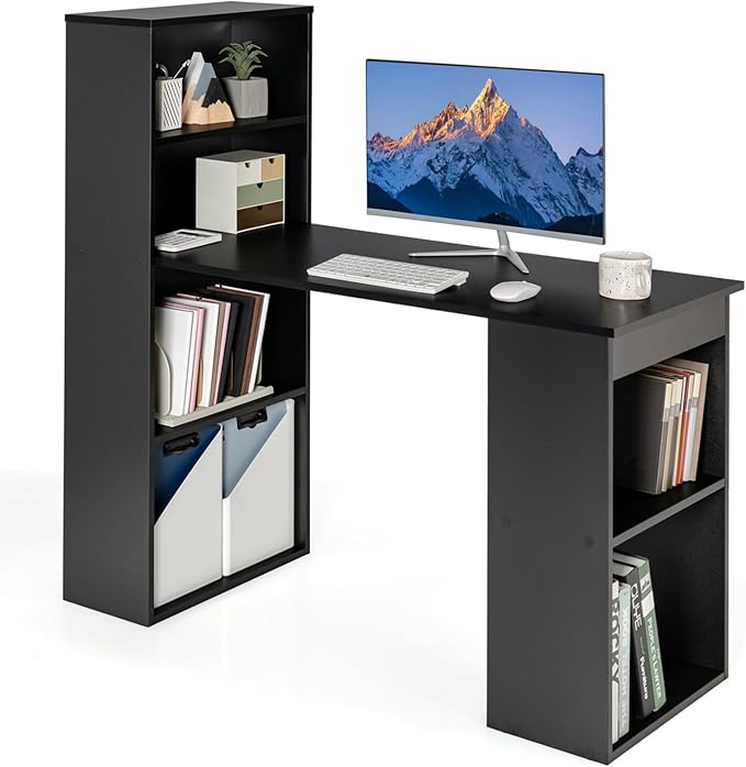 Giantex 48 Inch Computer Desk with Bookshelf 3-in-1 Home Office Desk with 4-Tier Bookcase &amp CPU Stand Space-Saving Reversible Writing Desk Work Table for Bedroom Study Room Office (Black)