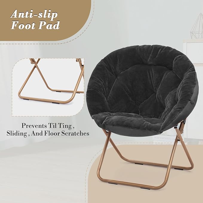 Athena Collection Round Saucer Chair with Ottoman Set for Adults Oversize Comfy Cozy Faux Fur Folding Reading Chair with Metal Leg Lazy Relaxing for Living Room Bedroom Dorm Apartment Black