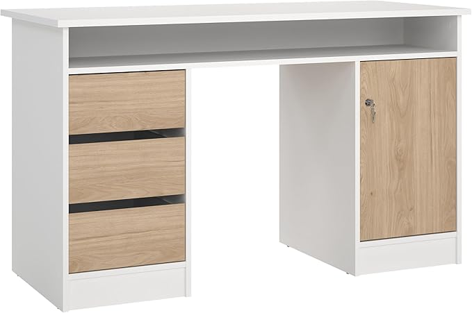 Tvilum Function Plus Computer Desk with Storage Cabinet 3 Handle-Free Drawers Two-Tone White and Oak Color Finish