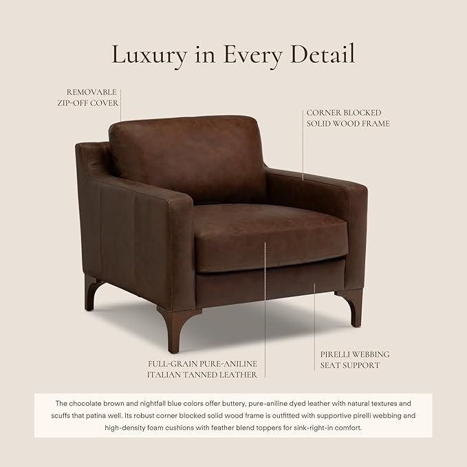 Poly &amp BARK Sorrento Leather Lounge Chair – Full-Grain Chocolate Brown Leather Upholstery with Feather-Blend Cushions – Modern Upholstered Accent Chair for Bedroom or Living Room – Lounge Seating