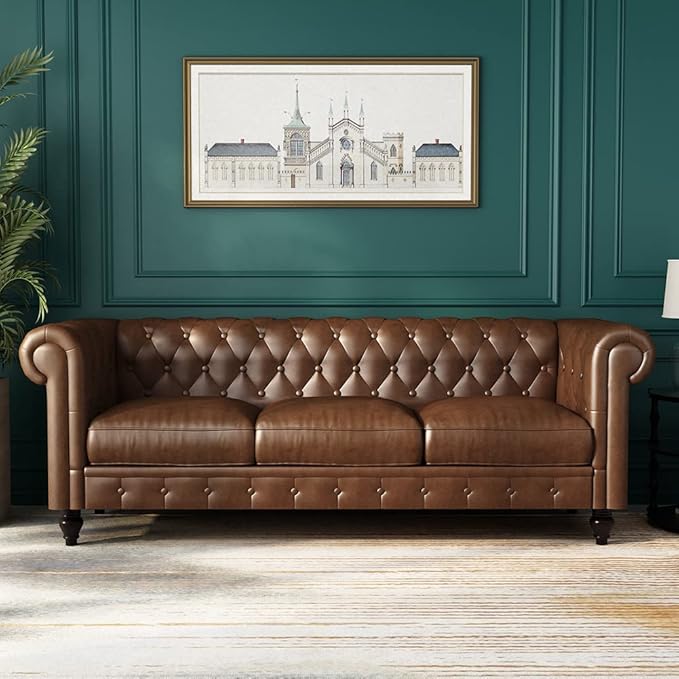 WILLIAMSPACE 88.2 Chesterfield Sofa Couch for Living Room 3 Seater Couches Upholstered Tufted PU Sectional Sofa for Office Apartment - Brown