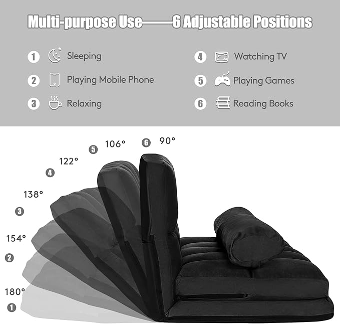 S AFSTAR Convertible Floor Sofa 6-Position Couch with 2 Removable Pillows &amp Thick Sponge Cushion Load 330LBS Adjustable Lazy Sofa Bed for Living Room &amp Bedroom Black